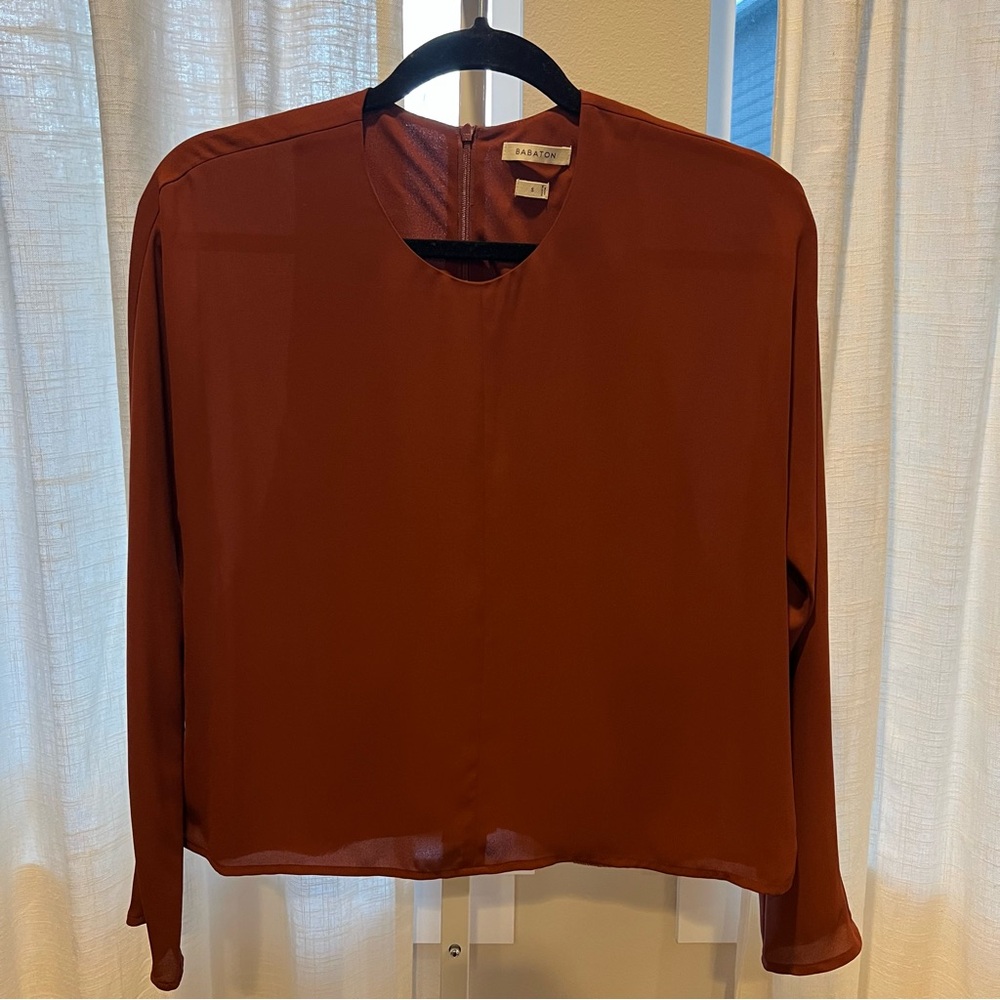 Babaton Red and Orange Blouse with Crew Neck Long Sleeve and Mandarin Collar